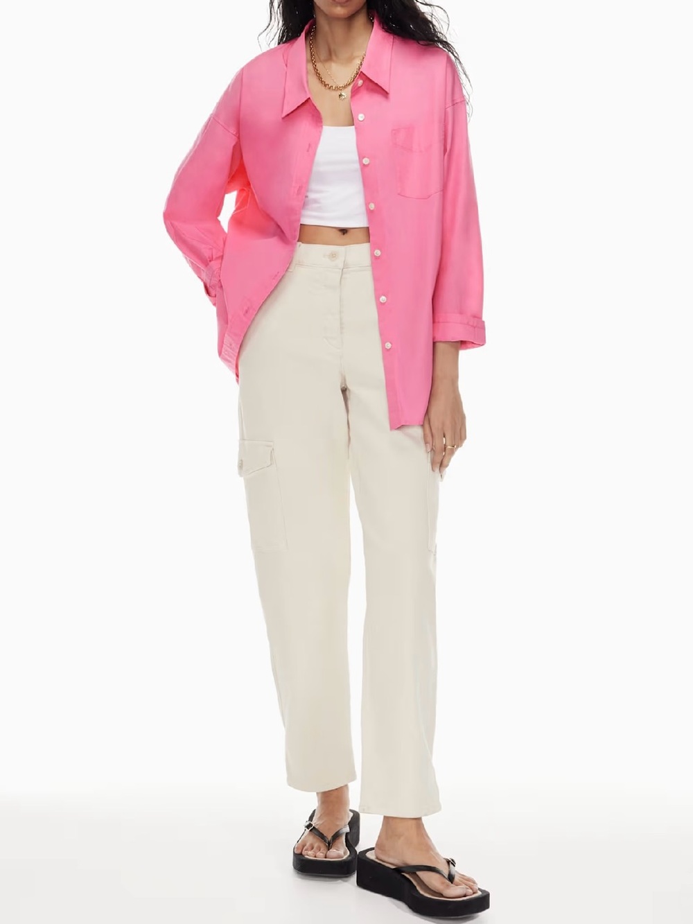 Aritzia Wilfred Relaxed Cotton Poplin Button-Down Shirt Bright Bubble Gum Pink S - Picture 5 of 7